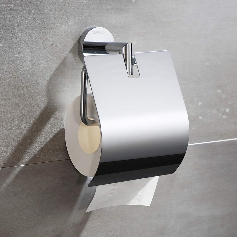 BUVELOT Toilet Paper Holder with Cover, Contemporary Toilet Roll Holder for Bathroom Wall Mounted,Chrome,Brass,077040-CR Leo Series - Image 1